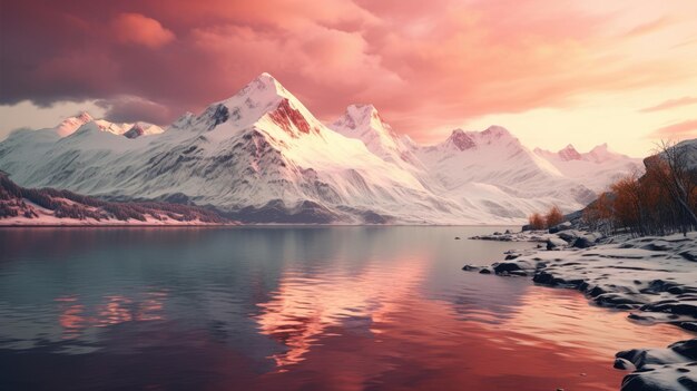 A photo of a fjord with snowcapped mountains golden hour sunlight