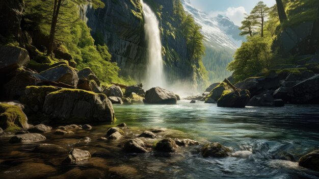 Photo a photo of a fjord with a waterfall dappled sunlight