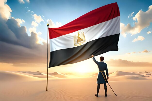 photo the flag of Egypt with Pharaoh and the pyramids in the background