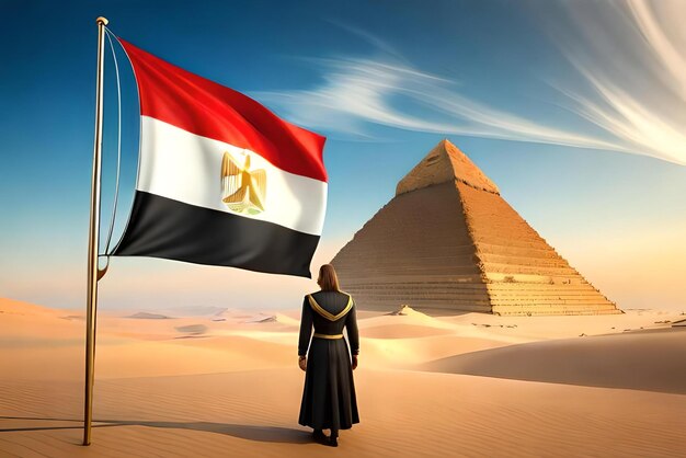 Photo the flag of egypt with pharaoh and the pyramids in the background