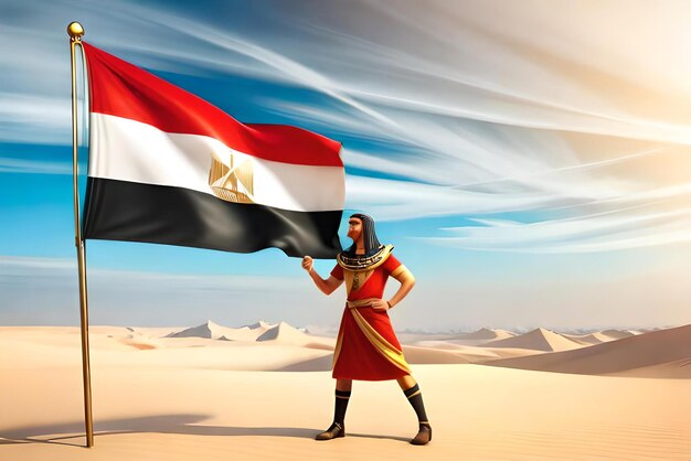 photo the flag of Egypt with Pharaoh and the pyramids in the background