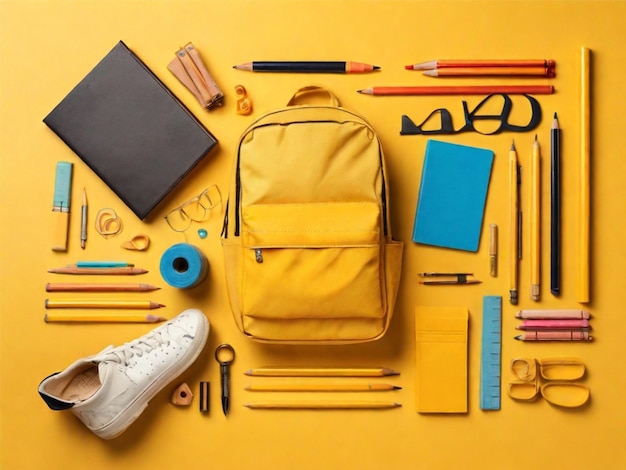 Photo flat lay composition with different school stationery on yellow background back to school