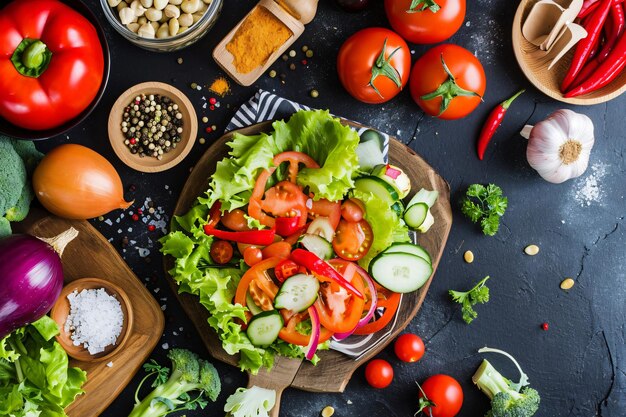 Photo flat lay of food ingredients with salad