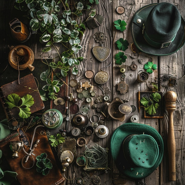 photo flat lay st patrick items on wooden table