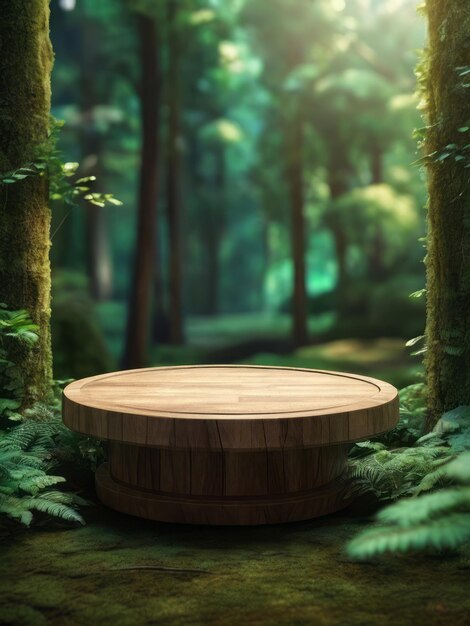 Photo photo flat wood podium in the magical forest