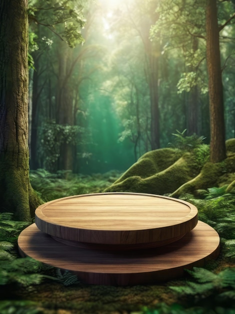 Photo photo flat wood podium in the magical forest