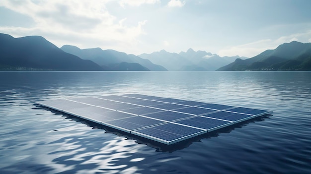 A photo of a floating solar panel array on a calm lake