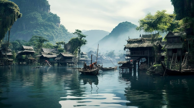 A photo of a floating village blending seamlessly