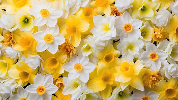 A photo of a floral backdrop with vibrant daffodils bright natural light
