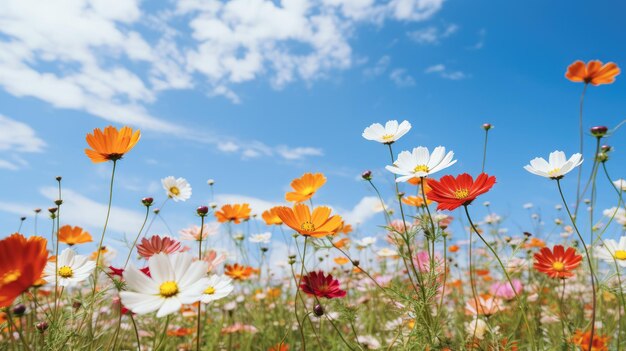 A photo of a flower field with a clear blue sky midday sun