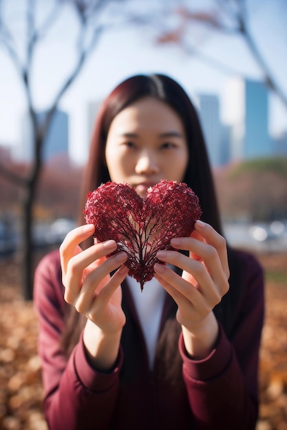 Photo of flower red Heart in girl hand focus of heart for mother love Valentines day concept generative ai