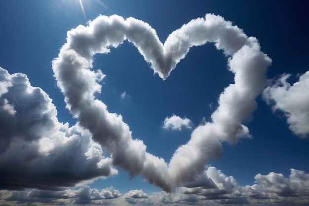 푸른 하늘에 있는 은 심장 모양의 사진은 사랑을 상징합니다.