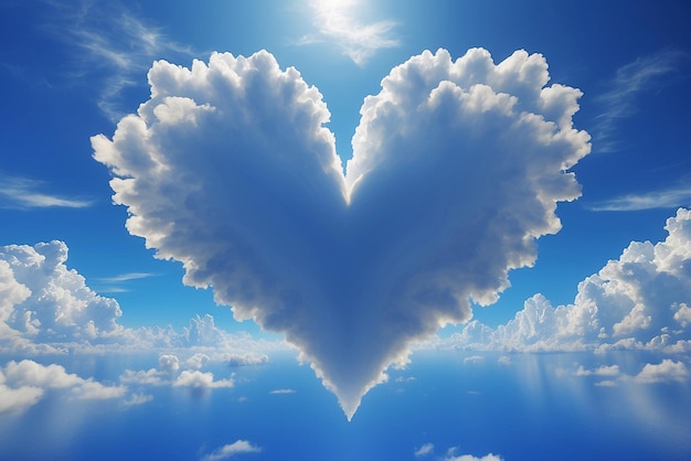 푸른 하늘에 있는 은 심장 모양의 사진은 사랑을 상징합니다.