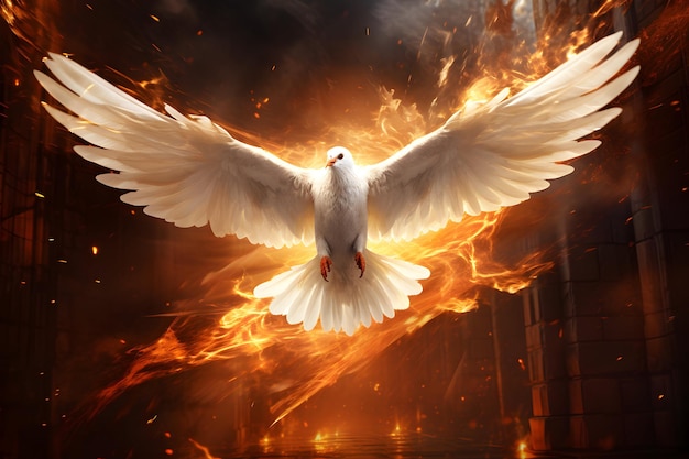 Photo flying pigeon in flames in dark background generative ai
