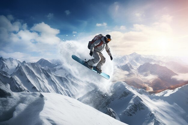 Фото летающий сноубордист на горах экстремальный зимний вид спорта