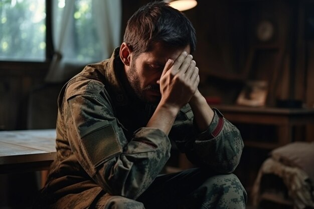 Фото: ветеран-мужчина в военной одежде, страдающий от посттравматического стрессового расстройства на сеансе психологической терапии, солдат чувствует агрессию, тревогу, страх или разочарование