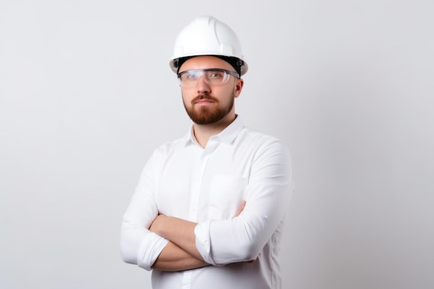 A photo focus photo man with wearing white helmet and glasses