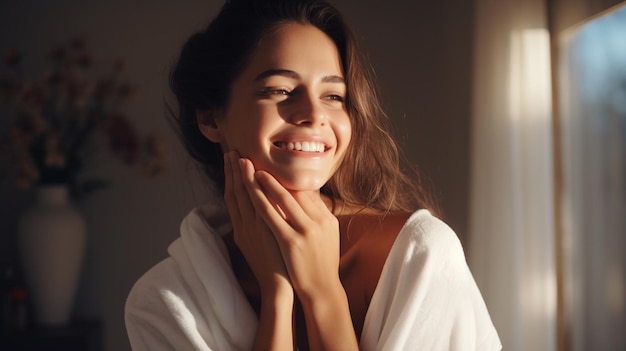 photo focused beautiful young woman looking at herself in the bathroom mirror generated by AI