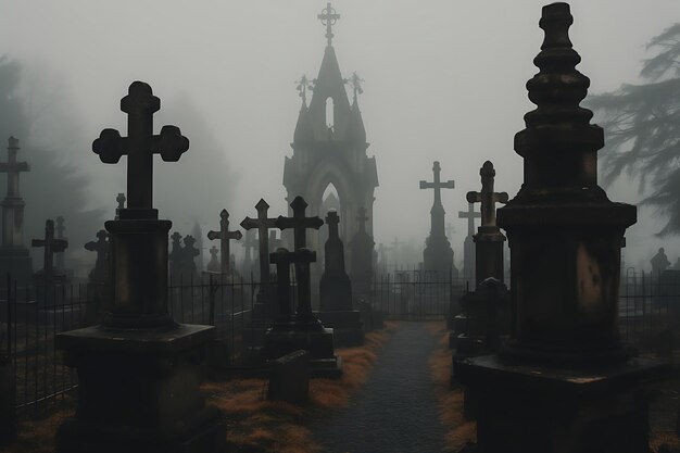 Photo of Foggy cemetery with gravestones