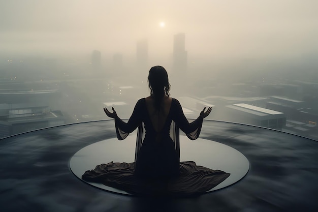 Photo of Foggy city rooftop yoga