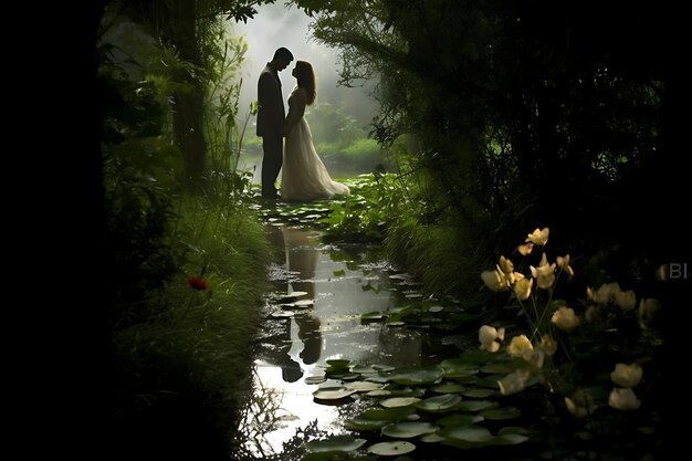 Foto foto del matrimonio in giardino nebbioso