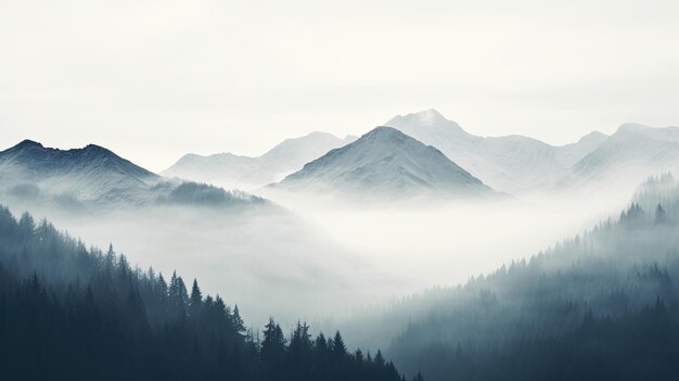 A photo of a foggy mountain range with muted grays misty lighting