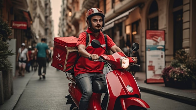 Photo a photo of a food delivery driver with delivery bags and scooter