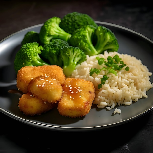 Photo of food on a plate of broccoli rice and chicken nuggets