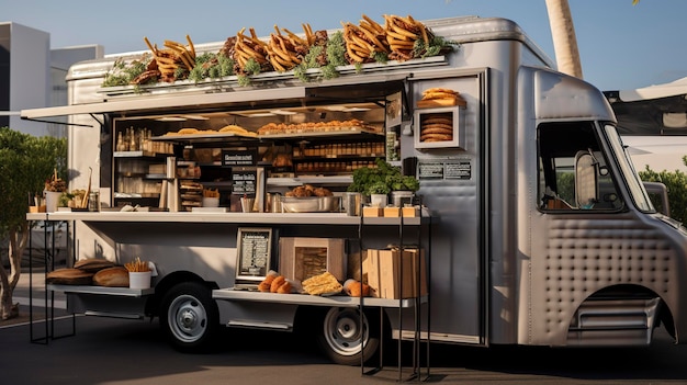 Foto una foto di un camion di cibo con hamburger artigianali