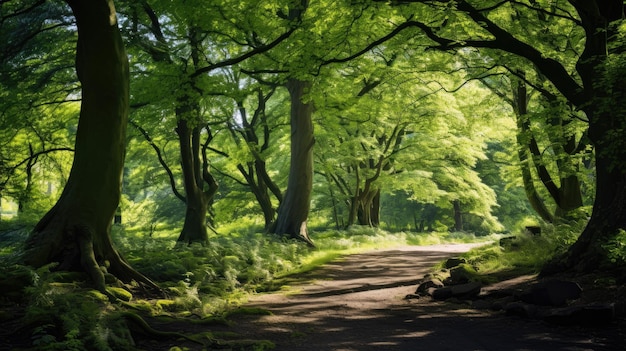 A photo of a forest canopy dappled sunlight