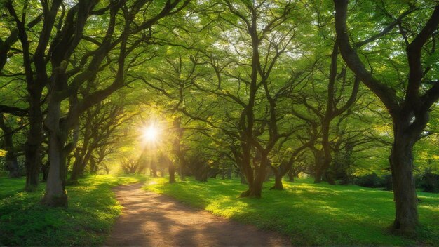 Photo of a forest path where the sun is shining through the leaves of trees on both side of the path