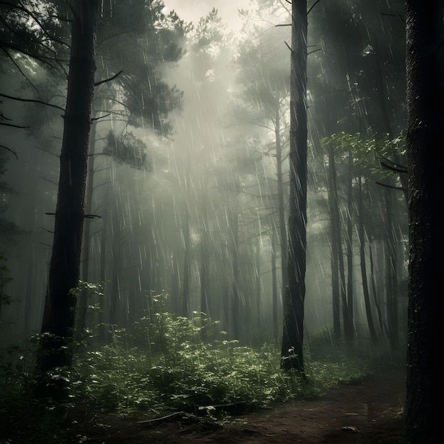 雨の中の森の写真