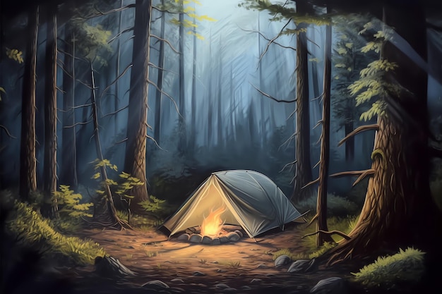 Photo forest with camping tent and bonfire ai generated