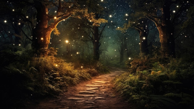A photo of a forest with a starry night background winding path through the trees