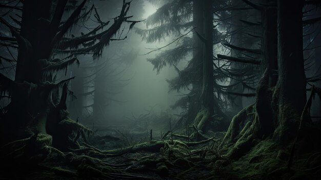 A photo of a forest with swirling fog towering trees