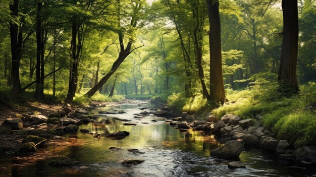 A photo of a forest with a winding river lush greenery