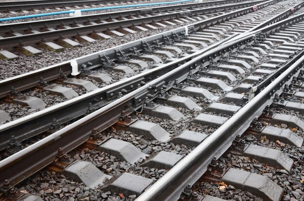 Photo fragment of the railroad tracks in the rainy weather