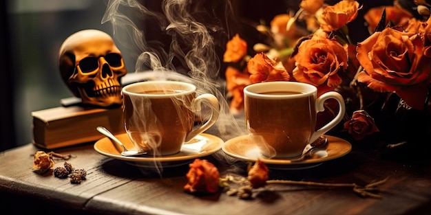 ハロウィーン ジェネールの休日のためのカボチャと装飾が施されたテーブルの上の香りのよいコーヒーの写真