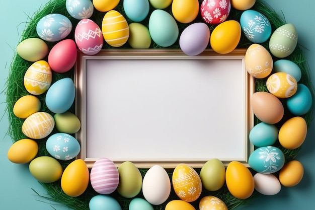 Photo frame between collection of easter eggsHappy holiday illustration Media Post in aigenerated