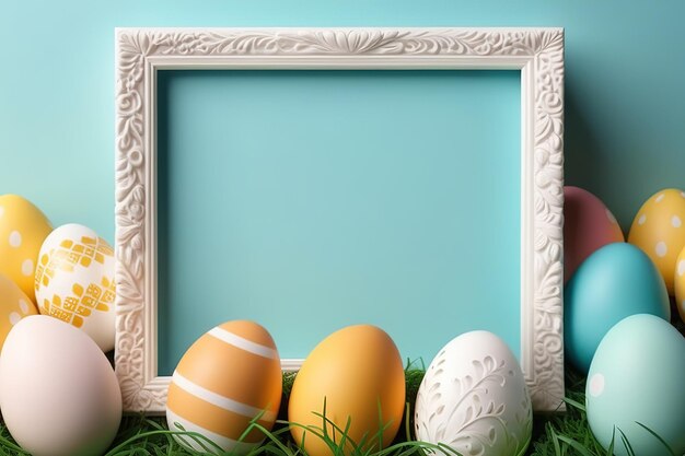 Photo frame between collection of easter eggsHappy holiday illustration Media Post in aigenerated