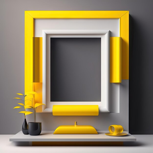 Photo frame on a grey background and yellow objects