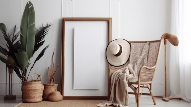 A photo frame in a living room with a plant on the wall.