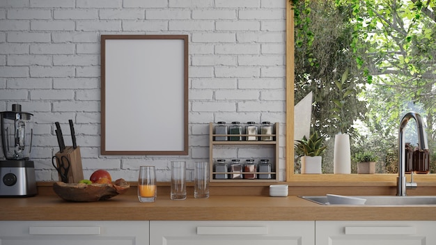 Photo frame mock up in kitchen interior 3d rendering