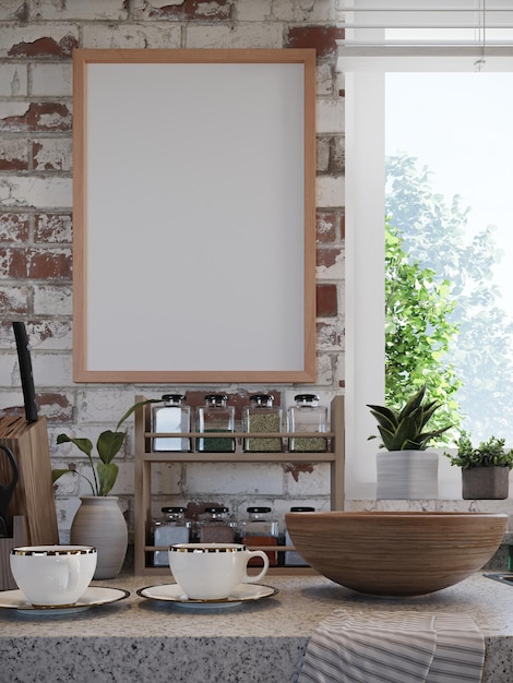 Photo frame mock up in kitchen interior 3d rendering