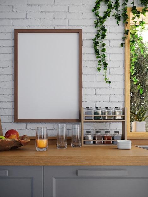 Photo frame mock up in kitchen interior 3d rendering