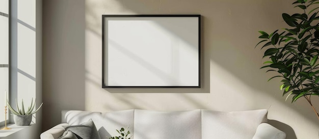 写真 リビングルームのミニマリストの背景に影をかぶって壁に掛かっている写真フレームのモックアップ