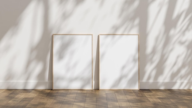 Photo frame mockup leaning against wall on wooden floor