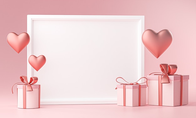 Photo frame mockup template love heart ballon e confezione regalo rendering 3d