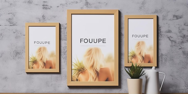 Photo frame mockup with a trio of wooden frames in varying sizes