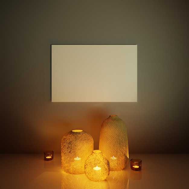 Photo photo frame with candles in a dark room